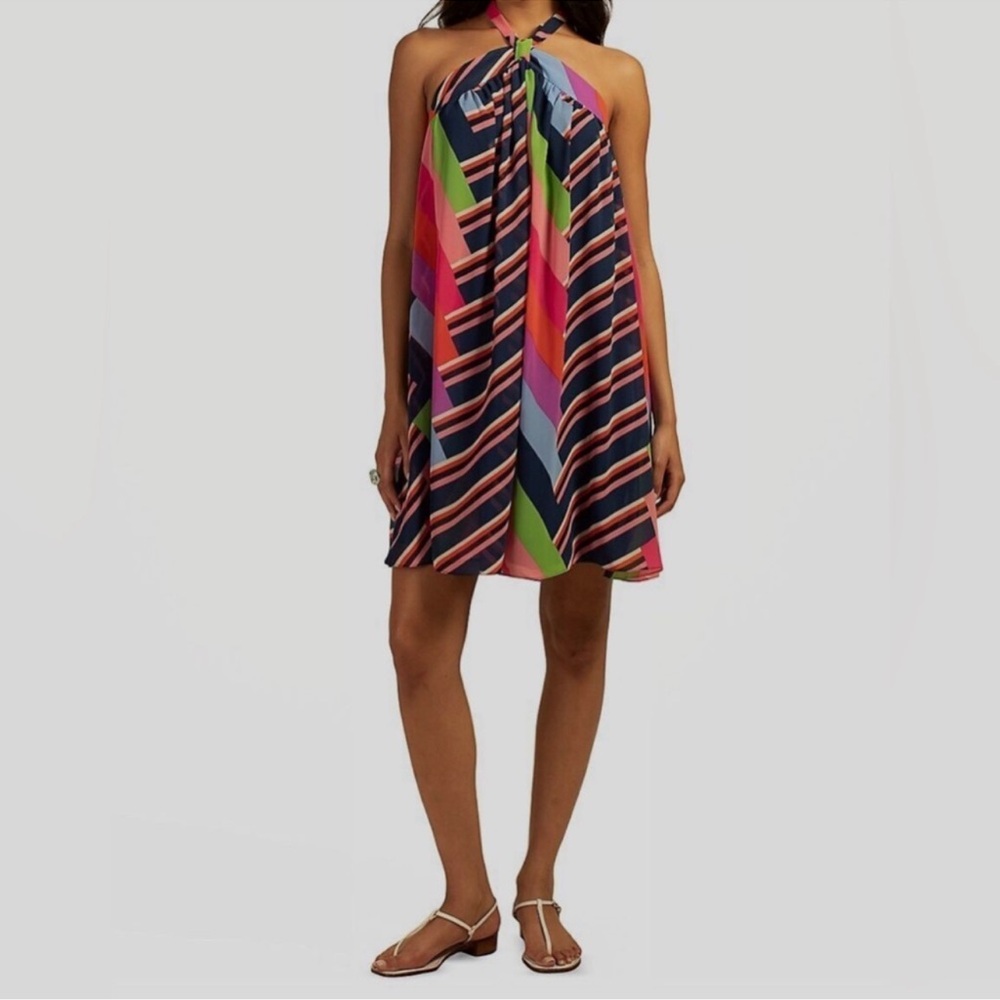 $278 Trina Turk Womens Blue Striped Halter Self-Tie Sleeveless Mini Dress Size L - Picture 2 of 13
